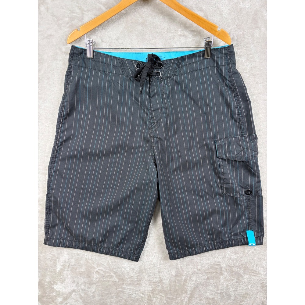 Oakley Mens Board Shorts Size 36 Black Turquoise Pinstripe Cargo Swim Trunks Y2K